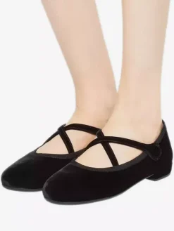 Burgundy Ballet Flats Women's Round Toe Velvet Criss Cross Ballerinas