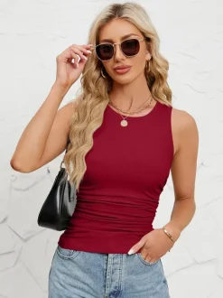 Burgundy Cami Top Jewel Neck Summer Women's Layering Tops