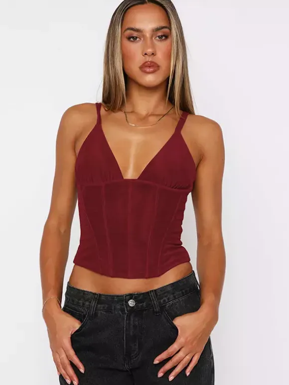 Burgundy Cami Top Straps Neck Chic Women Camis