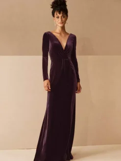 Burgundy Evening Dress 2026 A-Line V-Neck Long Sleeve Velour Floor-Length Formal Dresses Wedding Guest Dresses Free Customization