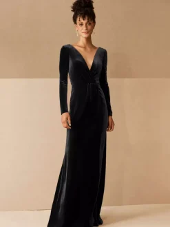 Burgundy Evening Dress 2026 A-Line V-Neck Long Sleeve Velour Floor-Length Formal Dresses Wedding Guest Dresses Free Customization