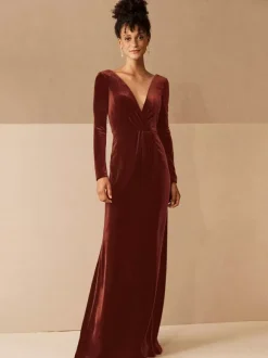 Burgundy Evening Dress 2026 A-Line V-Neck Long Sleeve Velour Floor-Length Formal Dresses Wedding Guest Dresses Free Customization
