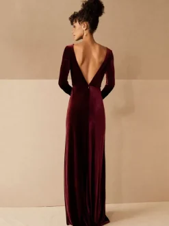 Burgundy Evening Dress 2026 A-Line V-Neck Long Sleeve Velour Floor-Length Formal Dresses Wedding Guest Dresses Free Customization