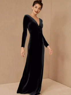 Burgundy Evening Dress 2026 A-Line V-Neck Long Sleeve Velour Floor-Length Formal Dresses Wedding Guest Dresses Free Customization