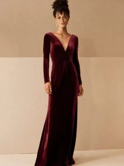 Burgundy Evening Dress 2026 A-Line V-Neck Long Sleeve Velour Floor-Length Formal Dresses Wedding Guest Dresses Free Customization