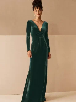 Burgundy Evening Dress 2026 A-Line V-Neck Long Sleeve Velour Floor-Length Formal Dresses Wedding Guest Dresses Free Customization