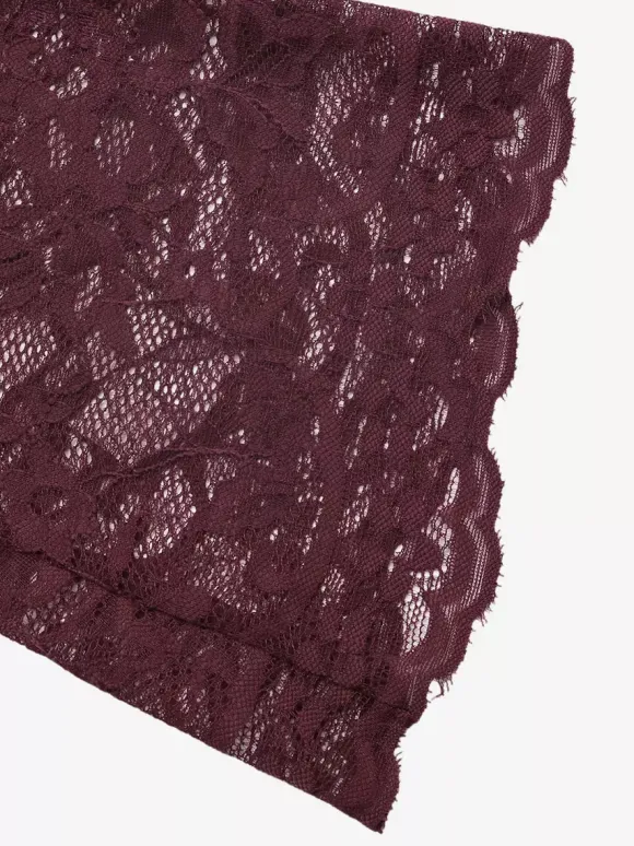 Burgundy Floral Lace Bodysuit Long Flare Sleeve V Neck Front Tie Sheer Mesh Sexy Jumpsuit
