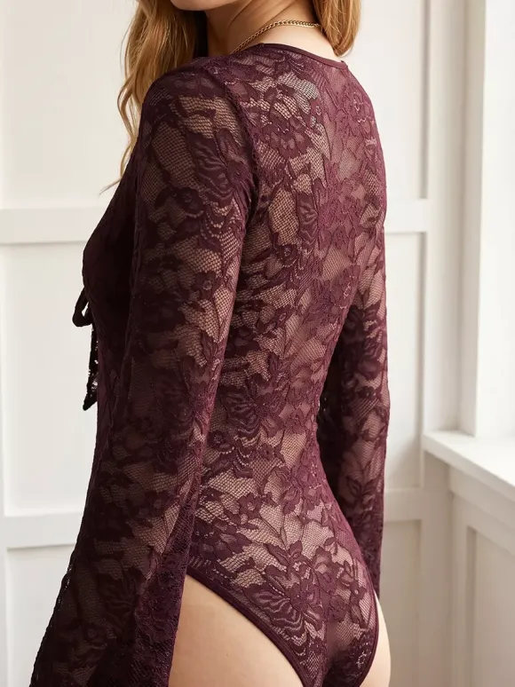 Burgundy Floral Lace Bodysuit Long Flare Sleeve V Neck Front Tie Sheer Mesh Sexy Jumpsuit