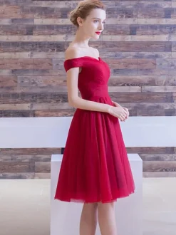 Burgundy Homecoming Dress 2026 Tulle Off The Shoulder A Line Ruched Knee Length Cocktail Dress Free Customization
