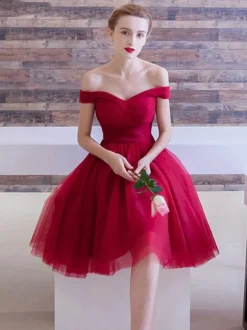 Burgundy Homecoming Dress 2026 Tulle Off The Shoulder A Line Ruched Knee Length Cocktail Dress Free Customization