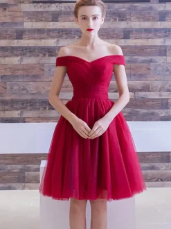 Burgundy Homecoming Dress 2026 Tulle Off The Shoulder A Line Ruched Knee Length Cocktail Dress Free Customization