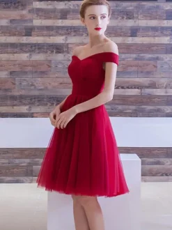 Burgundy Homecoming Dress 2026 Tulle Off The Shoulder A Line Ruched Knee Length Cocktail Dress Free Customization