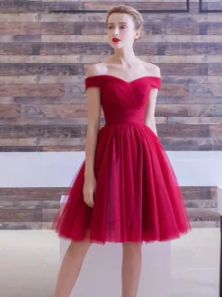 Burgundy Homecoming Dress 2026 Tulle Off The Shoulder A Line Ruched Knee Length Cocktail Dress Free Customization