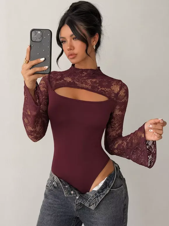 Burgundy Lace Flare Sleeve Bodysuit Mock Neck Cutout Front Sheer Floral Mesh Body Top