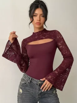 Burgundy Lace Flare Sleeve Bodysuit Mock Neck Cutout Front Sheer Floral Mesh Body Top