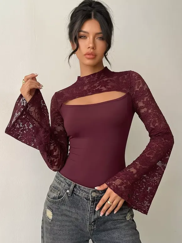 Burgundy Lace Flare Sleeve Bodysuit Mock Neck Cutout Front Sheer Floral Mesh Body Top