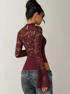 Burgundy Lace Flare Sleeve Bodysuit Mock Neck Cutout Front Sheer Floral Mesh Body Top