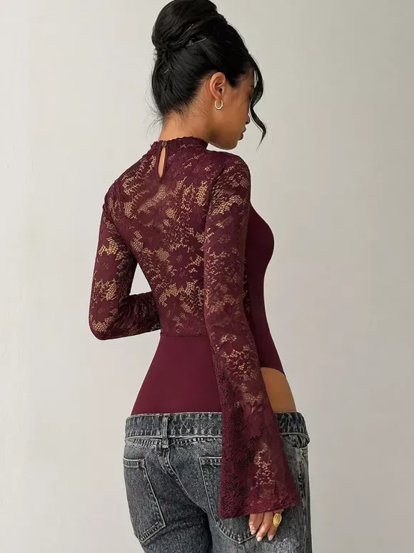 Burgundy Lace Flare Sleeve Bodysuit Mock Neck Cutout Front Sheer Floral Mesh Body Top