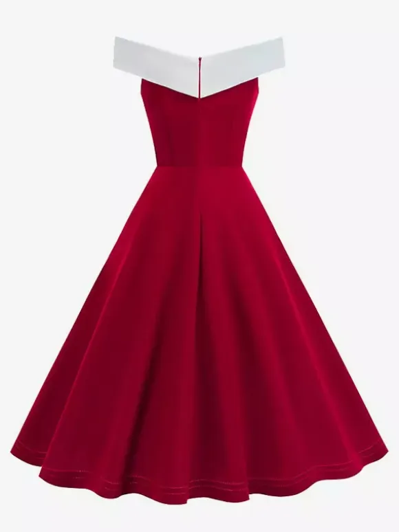 Burgundy Off Shoulder A Line Midi Dress For Women Elegant Formal