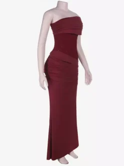 Burgundy One Shoulder Women's Maxi Gown - Elegant Ruched Bodycon Long Dress - Old Money Aesthetic Evening Party Wear 2026