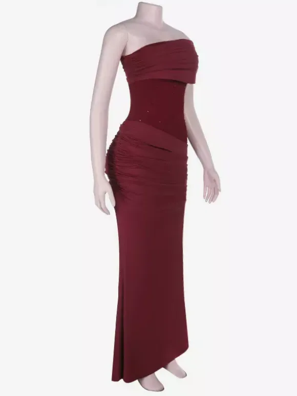 Burgundy One Shoulder Women's Maxi Gown - Elegant Ruched Bodycon Long Dress - Old Money Aesthetic Evening Party Wear 2026