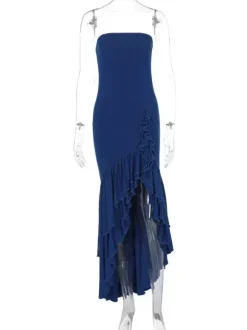 Burgundy Prom Dress Off The Shoulder Ruffles Asymmetrical Elegant Maxi Dresses