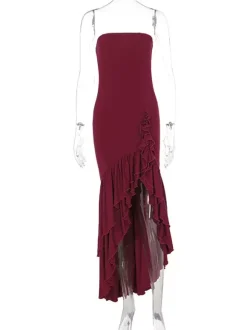 Burgundy Prom Dress Off The Shoulder Ruffles Asymmetrical Elegant Maxi Dresses