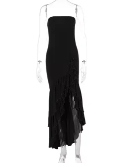 Burgundy Prom Dress Off The Shoulder Ruffles Asymmetrical Elegant Maxi Dresses