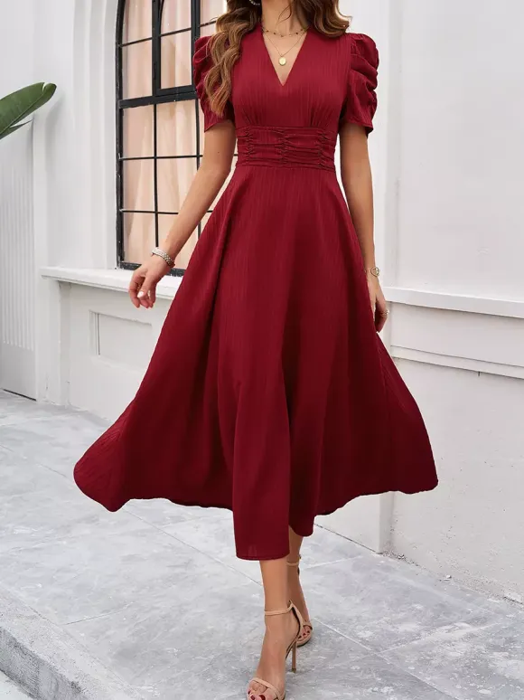 Burgundy Puff Sleeve V Neck Midi Dress For Women Elegant Chic