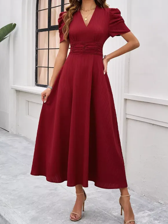 Burgundy Puff Sleeve V Neck Midi Dress For Women Elegant Chic