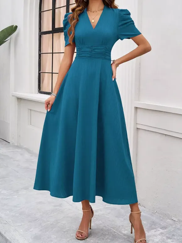 Burgundy Puff Sleeve V Neck Midi Dress For Women Elegant Chic