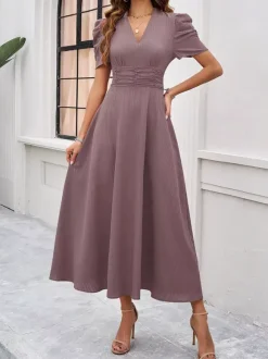 Burgundy Puff Sleeve V Neck Midi Dress For Women Elegant Chic