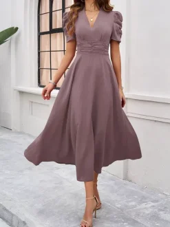 Burgundy Puff Sleeve V Neck Midi Dress For Women Elegant Chic