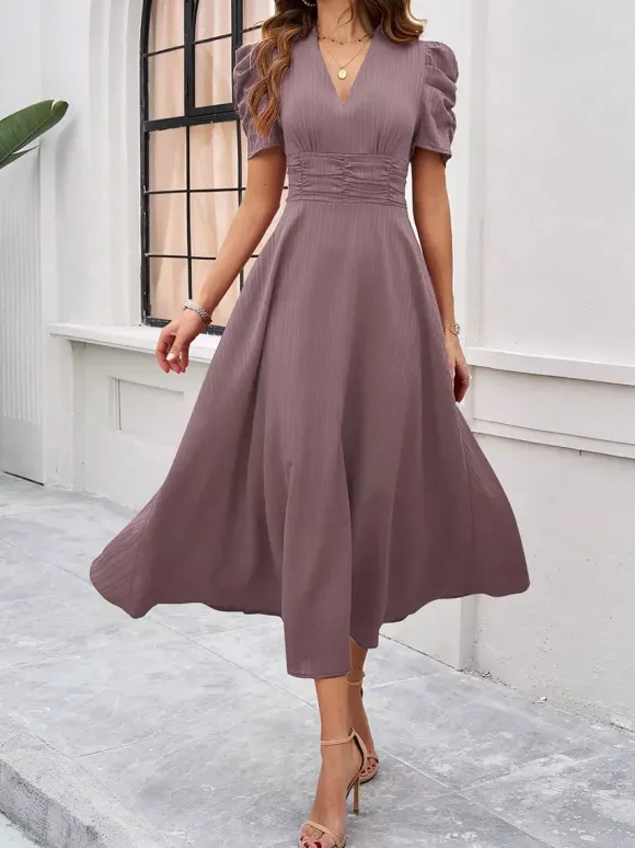 Burgundy Puff Sleeve V Neck Midi Dress For Women Elegant Chic