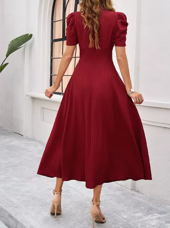 Burgundy Puff Sleeve V Neck Midi Dress For Women Elegant Chic
