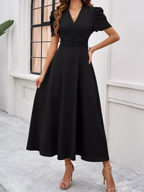 Burgundy Puff Sleeve V Neck Midi Dress For Women Elegant Chic