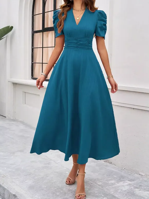 Burgundy Puff Sleeve V Neck Midi Dress For Women Elegant Chic