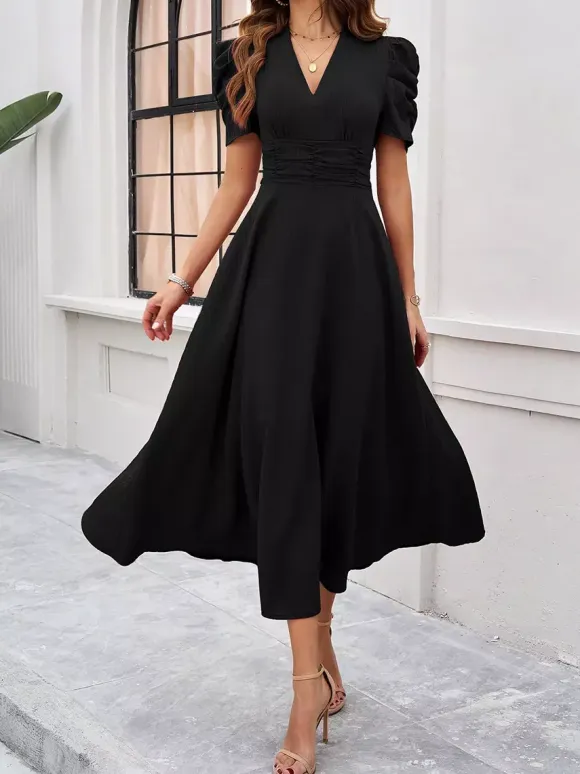 Burgundy Puff Sleeve V Neck Midi Dress For Women Elegant Chic