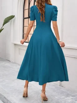 Burgundy Puff Sleeve V Neck Midi Dress For Women Elegant Chic