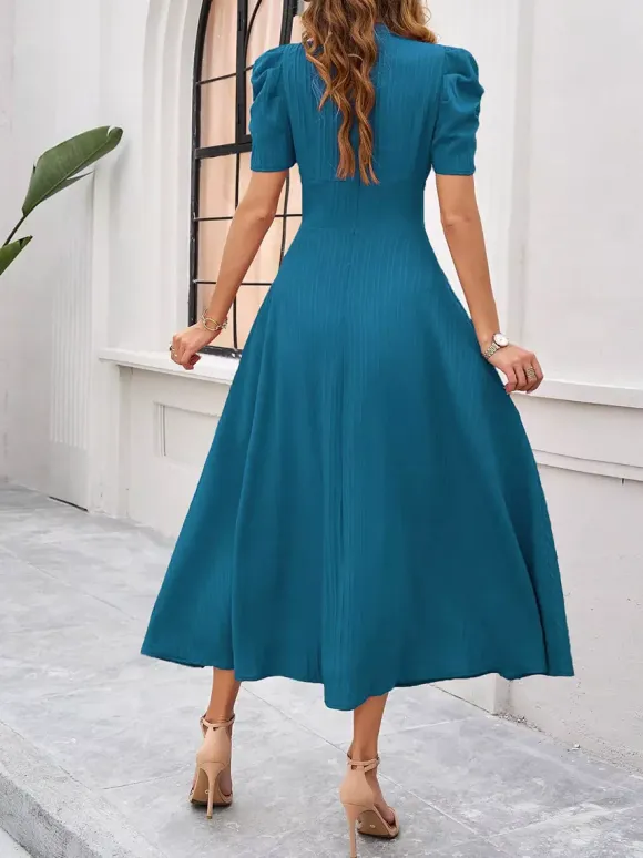 Burgundy Puff Sleeve V Neck Midi Dress For Women Elegant Chic