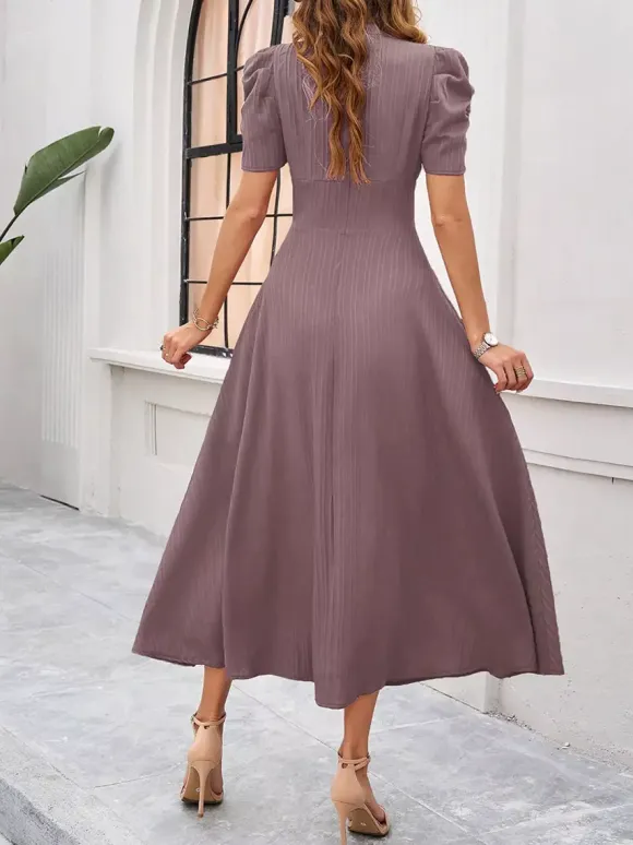 Burgundy Puff Sleeve V Neck Midi Dress For Women Elegant Chic