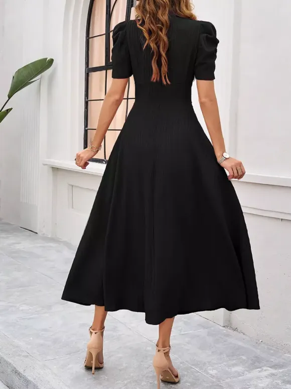 Burgundy Puff Sleeve V Neck Midi Dress For Women Elegant Chic