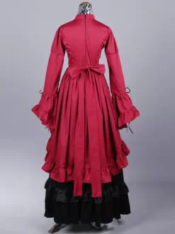 Burgundy Retro Costumes Women's Color Block Ruffles Bows Polyester Set Dress Retro Marie Antoinette Costume Party Prom Dress