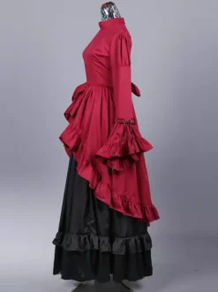 Burgundy Retro Costumes Women's Color Block Ruffles Bows Polyester Set Dress Retro Marie Antoinette Costume Party Prom Dress