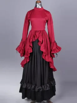 Burgundy Retro Costumes Women's Color Block Ruffles Bows Polyester Set Dress Retro Marie Antoinette Costume Party Prom Dress