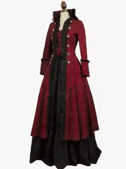 Burgundy Retro Tudor Dress Ruffles Floral Print Dress Women Retro Tunic Costume