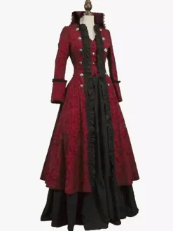 Burgundy Retro Tudor Dress Ruffles Floral Print Dress Women Retro Tunic Costume