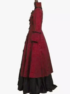 Burgundy Retro Tudor Dress Ruffles Floral Print Dress Women Retro Tunic Costume