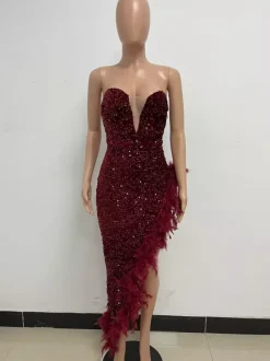 Burgundy Sequin Dresses Strapless Plunge Lace-up Back Feather Birthday Party Dresses