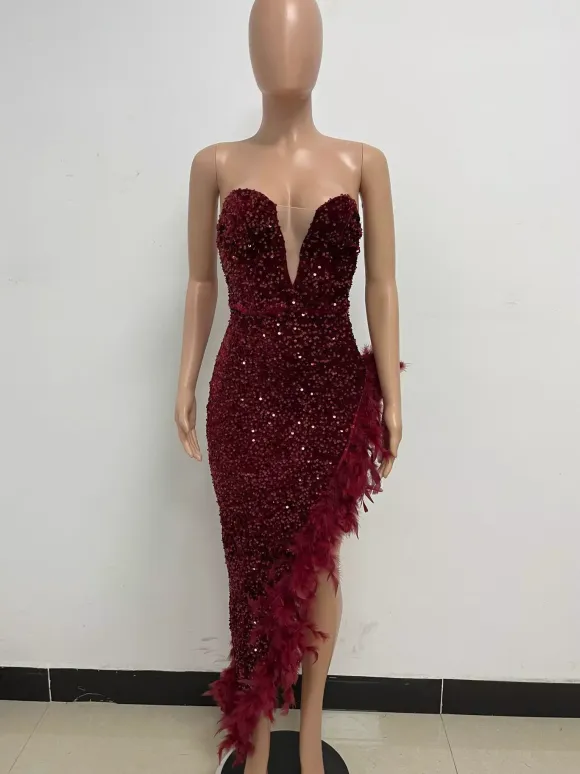 Burgundy Sequin Dresses Strapless Plunge Lace-up Back Feather Birthday Party Dresses